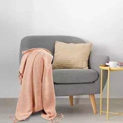 Online Peach Checkered Weave Fringe Throw Blankets & Throws