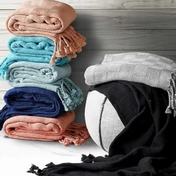 Online Peach Checkered Weave Fringe Throw Blankets & Throws