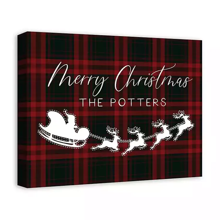 Discount Personalized Plaid Santa Sleigh Canvas Wall Plaque Christmas Art & Wall Decor