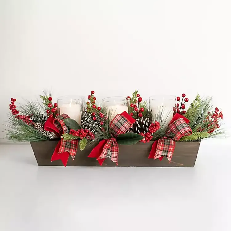 Online Plaid Ribbon and Berries Candle Centerpiece Christmas Centerpieces