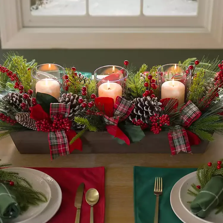 Online Plaid Ribbon and Berries Candle Centerpiece Christmas Centerpieces