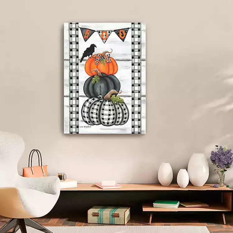 Clearance Plaid Stacked Pumpkins Canvas Art Print, 24x32 Halloween