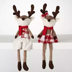 Outlet Plush Reindeer Plaid Shelf Sitters, Set of 2 Christmas Decorations