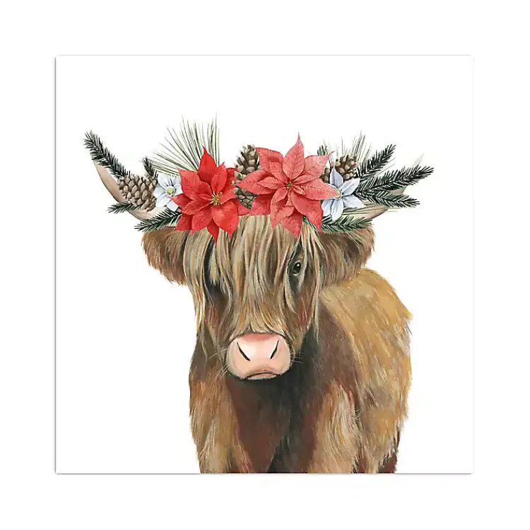 Hot Poinsettia Highland Cow Canvas Art Print Christmas Art & Wall Decor