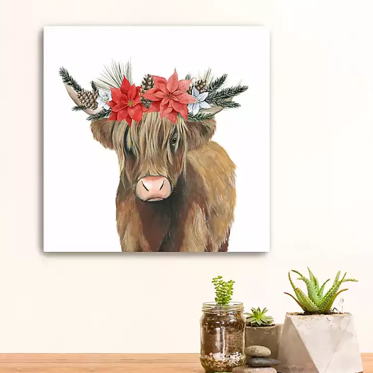 Hot Poinsettia Highland Cow Canvas Art Print Christmas Art & Wall Decor