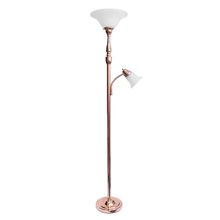 Kirklands Home Floor Lamps|Polished Rose Gold and White Reading Arm Torchiere Pink