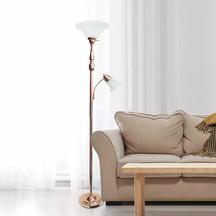 Kirklands Home Floor Lamps|Polished Rose Gold and White Reading Arm Torchiere Pink