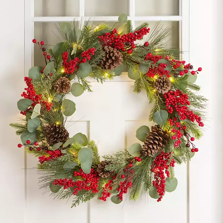 Clearance Pre-Lit Eucalyptus and Red Berry Wreath Wreaths