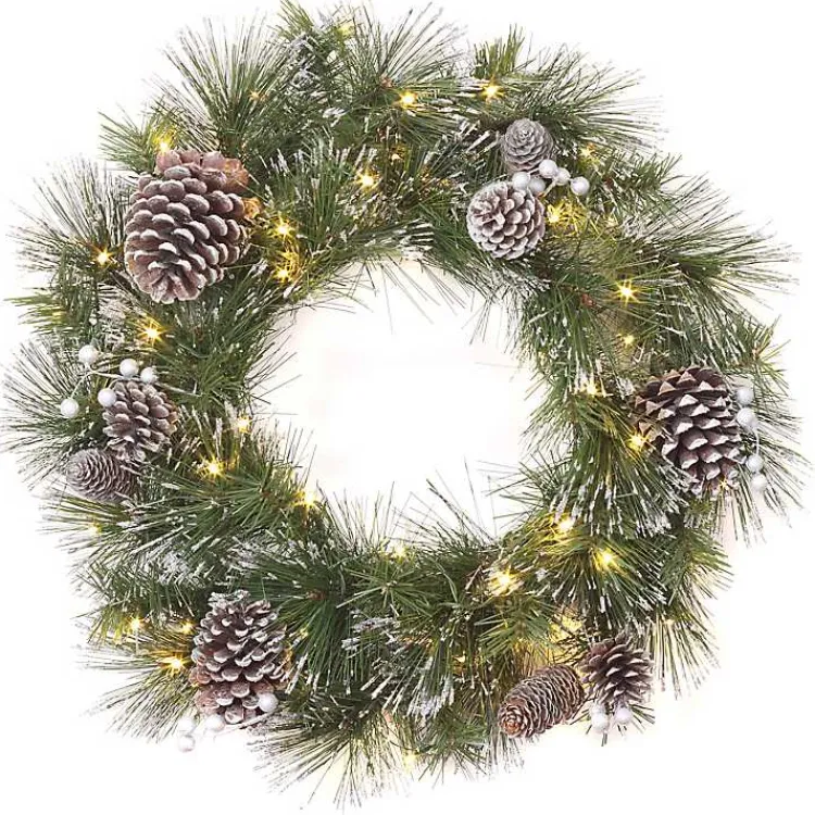 Discount Pre-lit Frosted White Berry and Pinecone Wreath Christmas Wreaths