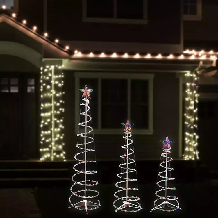 Online Pre-Lit Multicolor White Spiral Trees, Set of 3 Outdoor Christmas Decorations