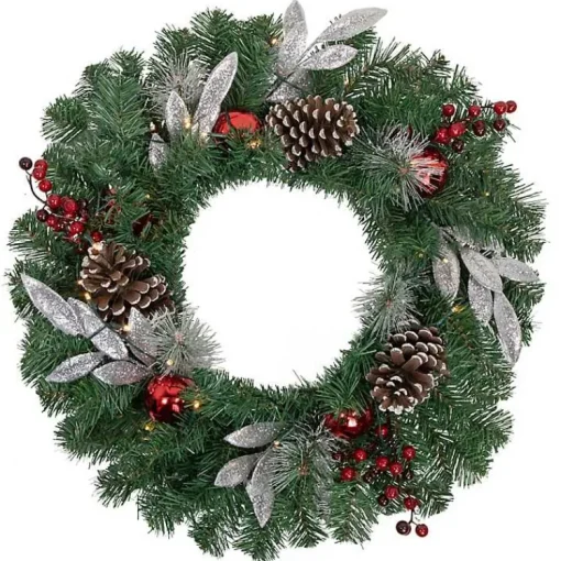 Pre-Lit Silver Leaf and Pine Wreath Christmas Wreaths