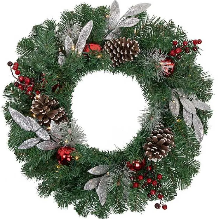 Pre-Lit Silver Leaf and Pine Wreath Christmas Wreaths