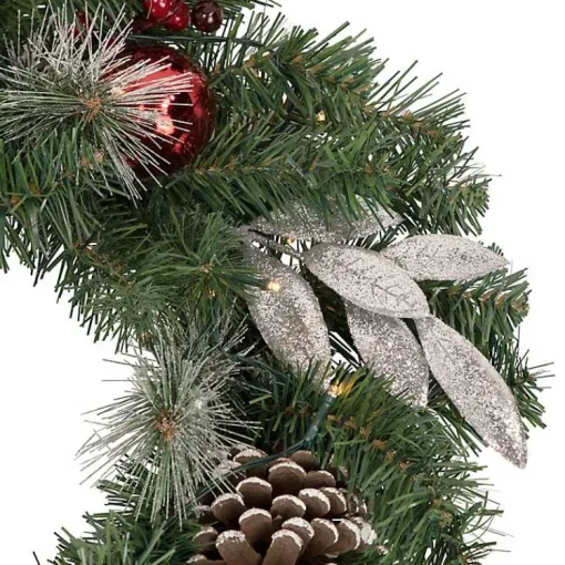 Pre-Lit Silver Leaf and Pine Wreath Christmas Wreaths