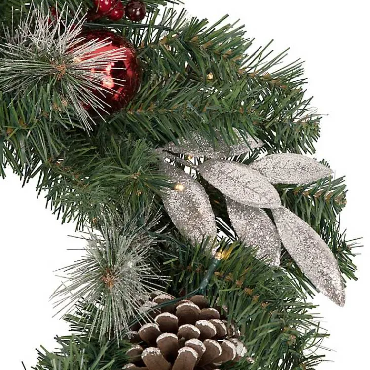 Pre-Lit Silver Leaf and Pine Wreath Christmas Wreaths