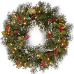 Hot Pre-Lit Wintery Pine and Berry Christmas Wreath Wreaths