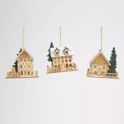 Clearance Pre-Lit Wooden House Christmas Ornaments, Set of 3 Christmas Ornaments