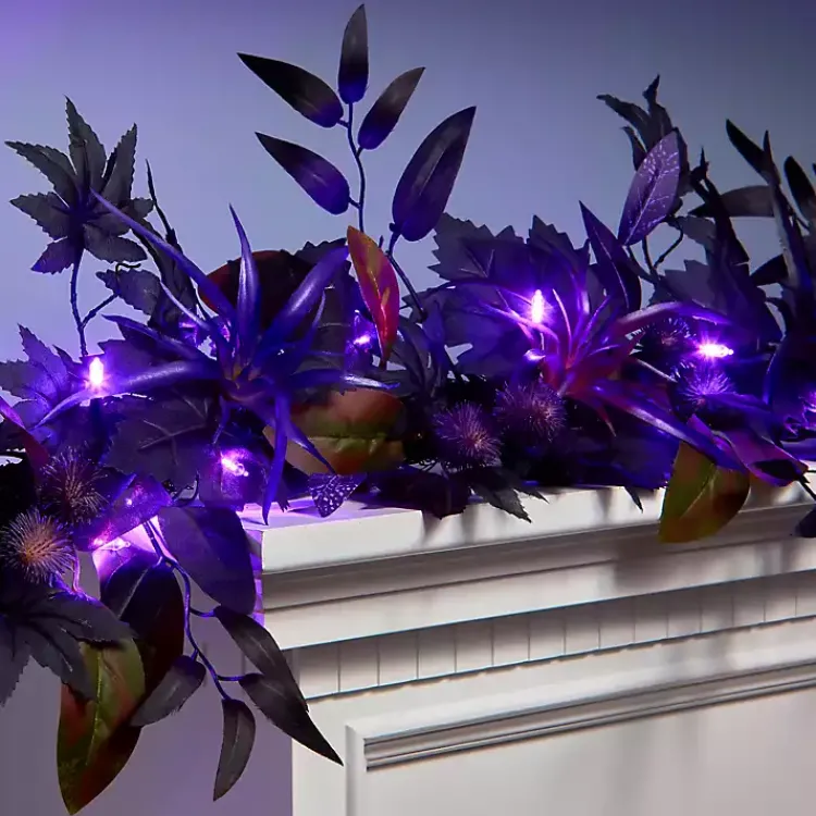 Best Purple Pre-Lit Black Leaves Garland Halloween