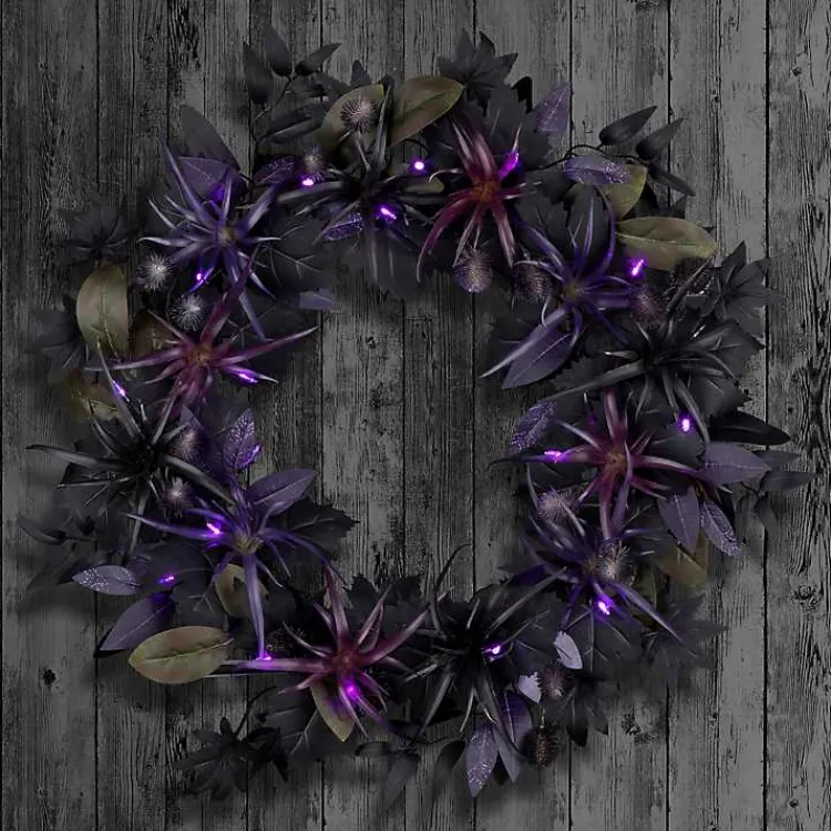 New Purple Pre-Lit Black Leaves Wreath Halloween