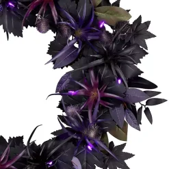 New Purple Pre-Lit Black Leaves Wreath Halloween