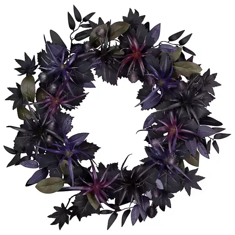 New Purple Pre-Lit Black Leaves Wreath Halloween