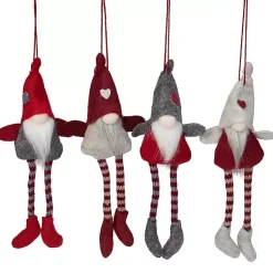 Hot Red and Gray Long Legged Gnome Ornaments, Set of 4 Christmas Ornaments