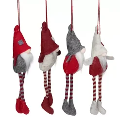 Hot Red and Gray Long Legged Gnome Ornaments, Set of 4 Christmas Ornaments