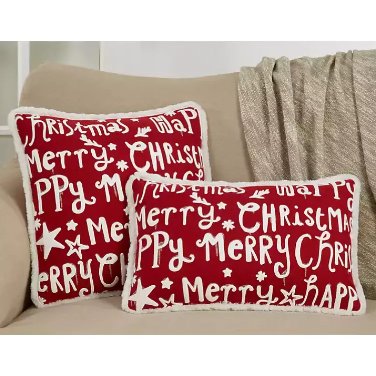 Outlet Red and White Merry Happy Christmas Lumbar Pillow Christmas Pillows