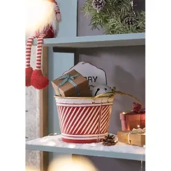 Online Red and White Striped Christmas Tin Container Christmas Decorations