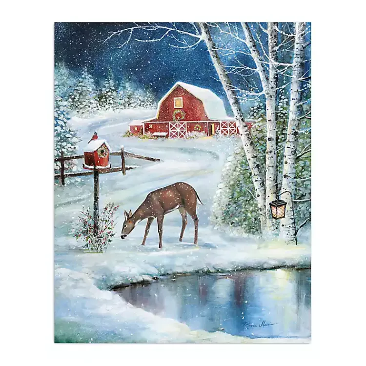 Hot Red Barn with Deer Canvas Art Print Christmas Art & Wall Decor