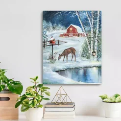 Hot Red Barn with Deer Canvas Art Print Christmas Art & Wall Decor