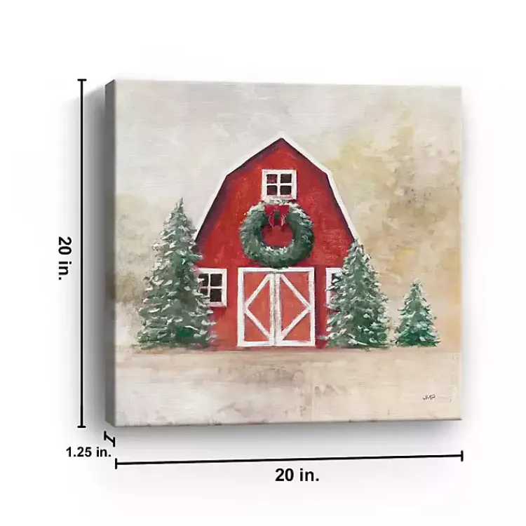 Red Barn with Wreath Canvas Art Print Christmas Art & Wall Decor
