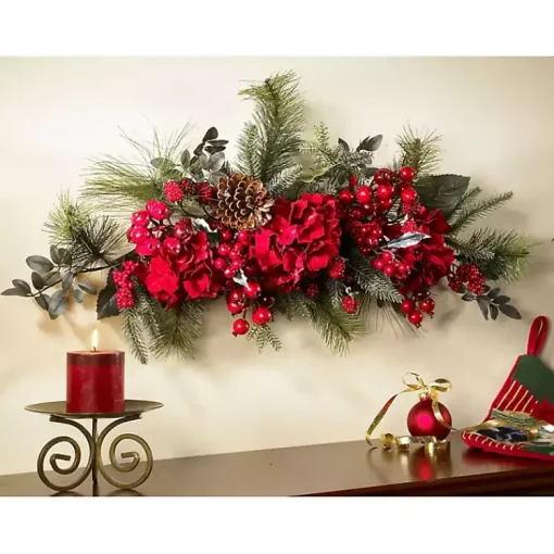 Clearance Red Hydrangea and Pine Christmas Swag Christmas Wreaths
