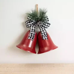 Sale Red Metal Dual Bells with Greenery Christmas Decorations