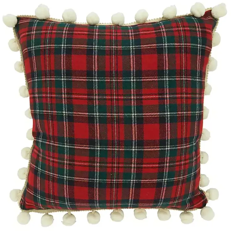 Hot Red Plaid and Pom Pom Pillow Pillows