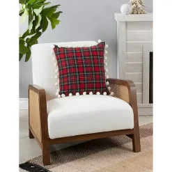 Hot Red Plaid and Pom Pom Pillow Pillows