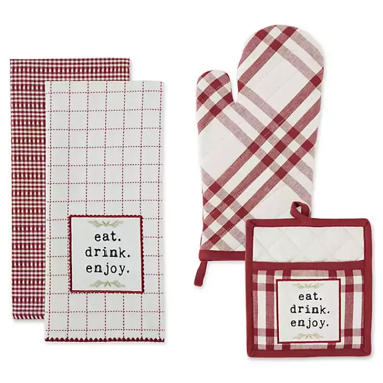 Kirklands Home Kitchen Accessories|Red Plaid Eat Drink Enjoy 4-pc. Dish Towel Set