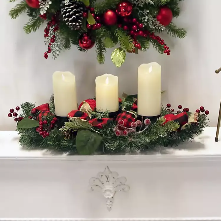 Red Plaid Ornaments and Pine Candle Centerpiece Arrangements & Greenery
