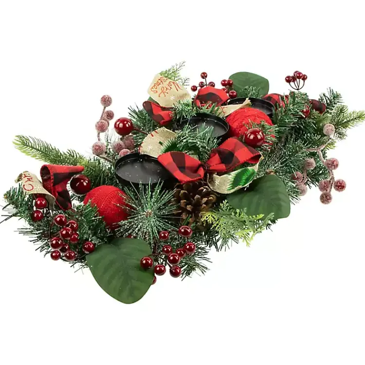 Red Plaid Ornaments and Pine Candle Centerpiece Arrangements & Greenery