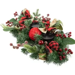 Red Plaid Ornaments and Pine Candle Centerpiece Arrangements & Greenery