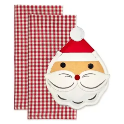 New Red Santa Gingham 3-pc. Dishtowel & Potholder Set Christmas Dining & Entertaining