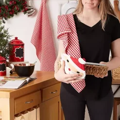 New Red Santa Gingham 3-pc. Dishtowel & Potholder Set Christmas Dining & Entertaining
