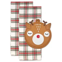 Hot Reindeer Plaid 3-pc. Dishtowel & Potholder Set Christmas Dining & Entertaining