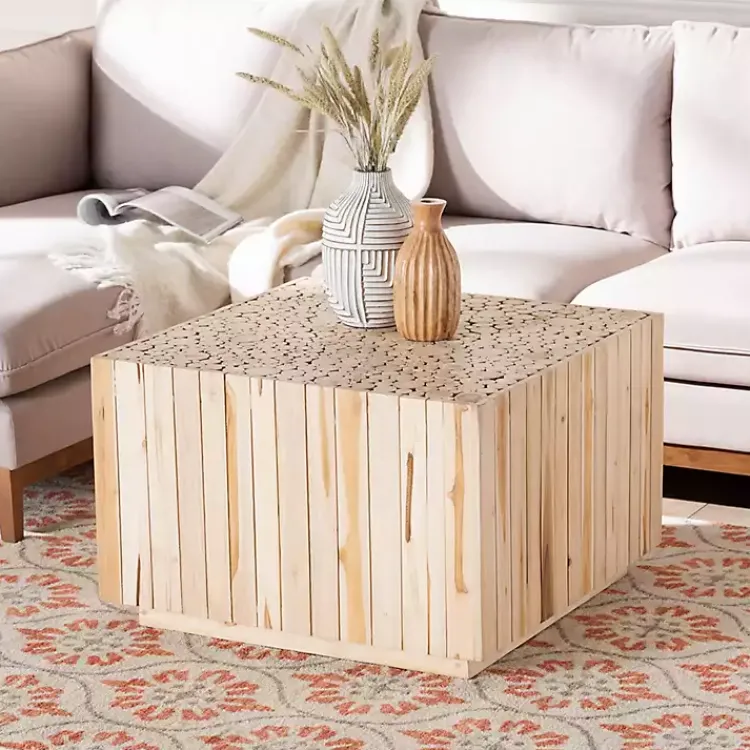 Kirklands Home Coffee Tables|Repurposed Wood Logs Square Coffee Table Tan
