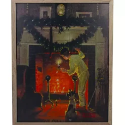 New Rockwell Boy Waiting by Fireplace LED Canvas Print Christmas Art & Wall Decor