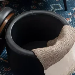 Kirklands Home Benches & Ottomans|Round Faux Leather Storage Ottoman Black