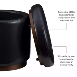 Kirklands Home Benches & Ottomans|Round Faux Leather Storage Ottoman Black