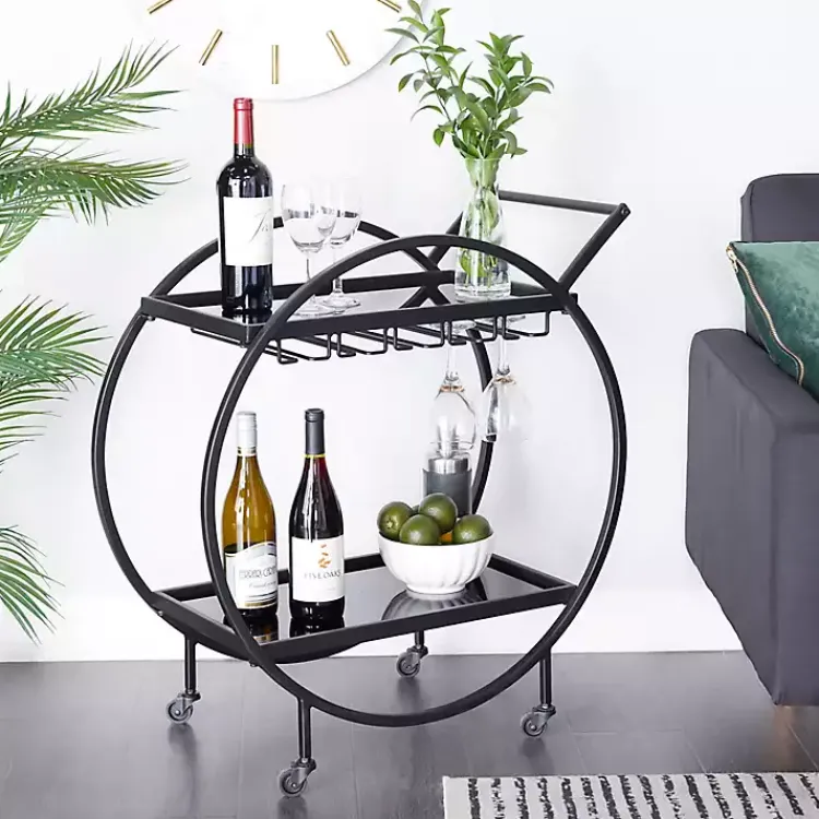 Kirklands Home Kitchen Islands & Bar Carts|Round Metal and Glass 2-Ter Bar Cart Black