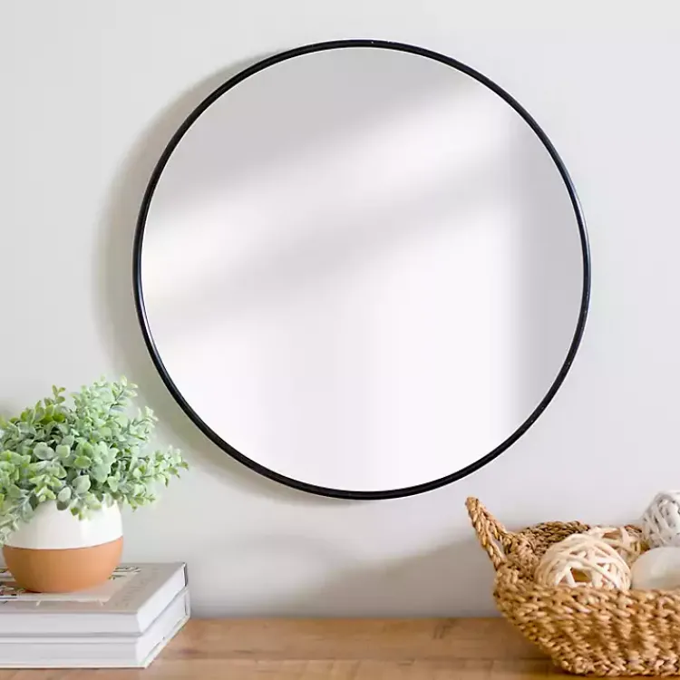 Kirklands Home Framed Mirrors|Round Black Nouveau Linear Wall Mirror, 20 in.