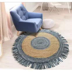 Kirklands Home Area Rugs|Round Braided Jute and Denim Area Rug, 3x3