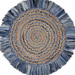 Kirklands Home Area Rugs|Round Braided Jute and Denim Swirl Area Rug, 3x3